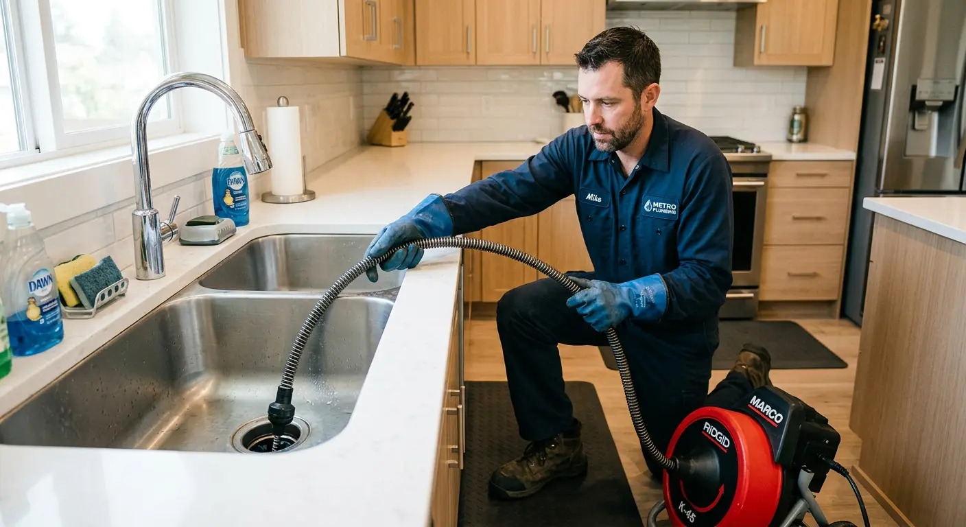 Drain cleaning technician using a motorized snake on a kitchen sink in Williston