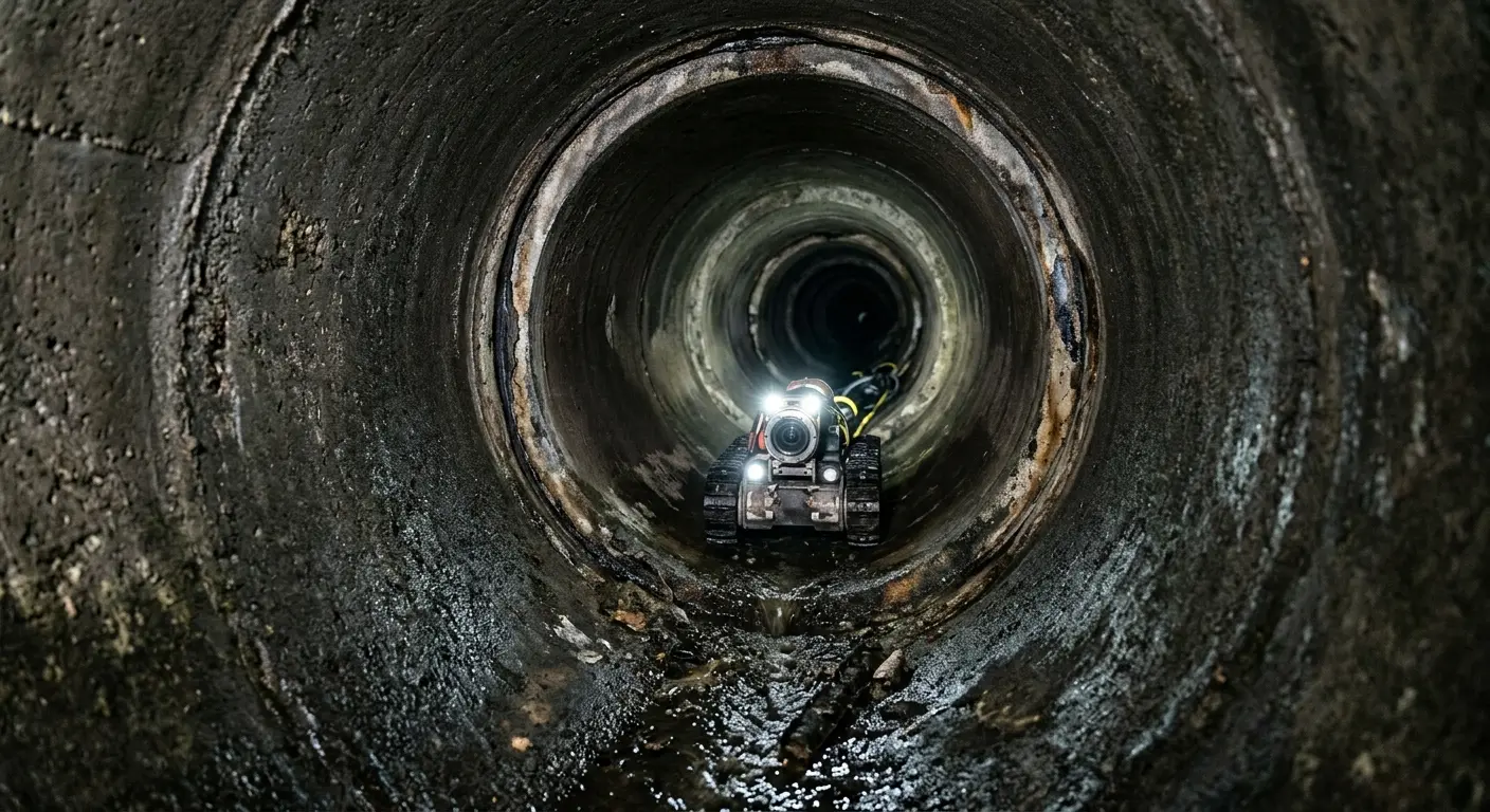 Robotic sewer camera inspecting pipe interior for Sewer Line Cleaning in Williston
