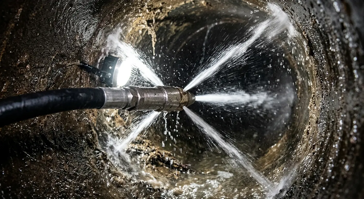 High-pressure hydro jetting nozzle cleaning sewer pipe for Trenchless Sewer Repair in Williston