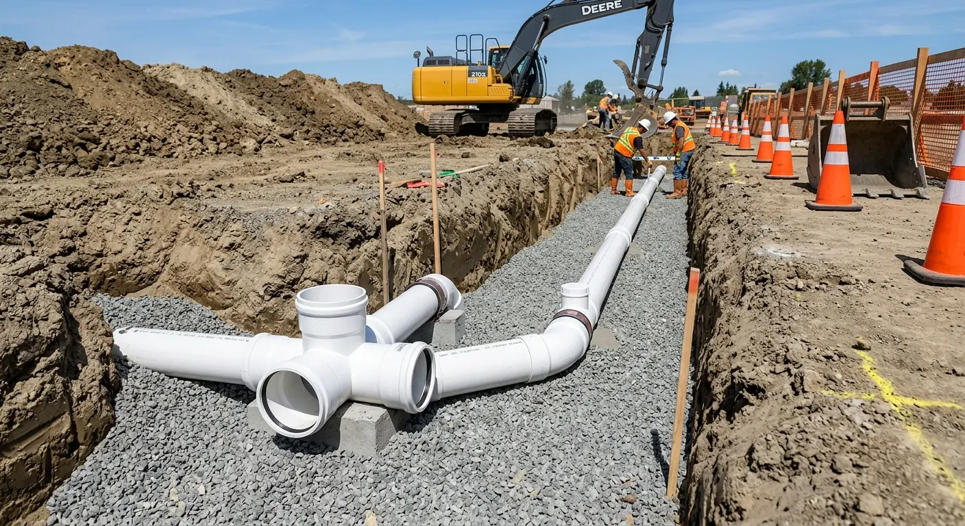 New PVC sewer pipe installation in open trench for Commercial Drain Cleaning in Williston